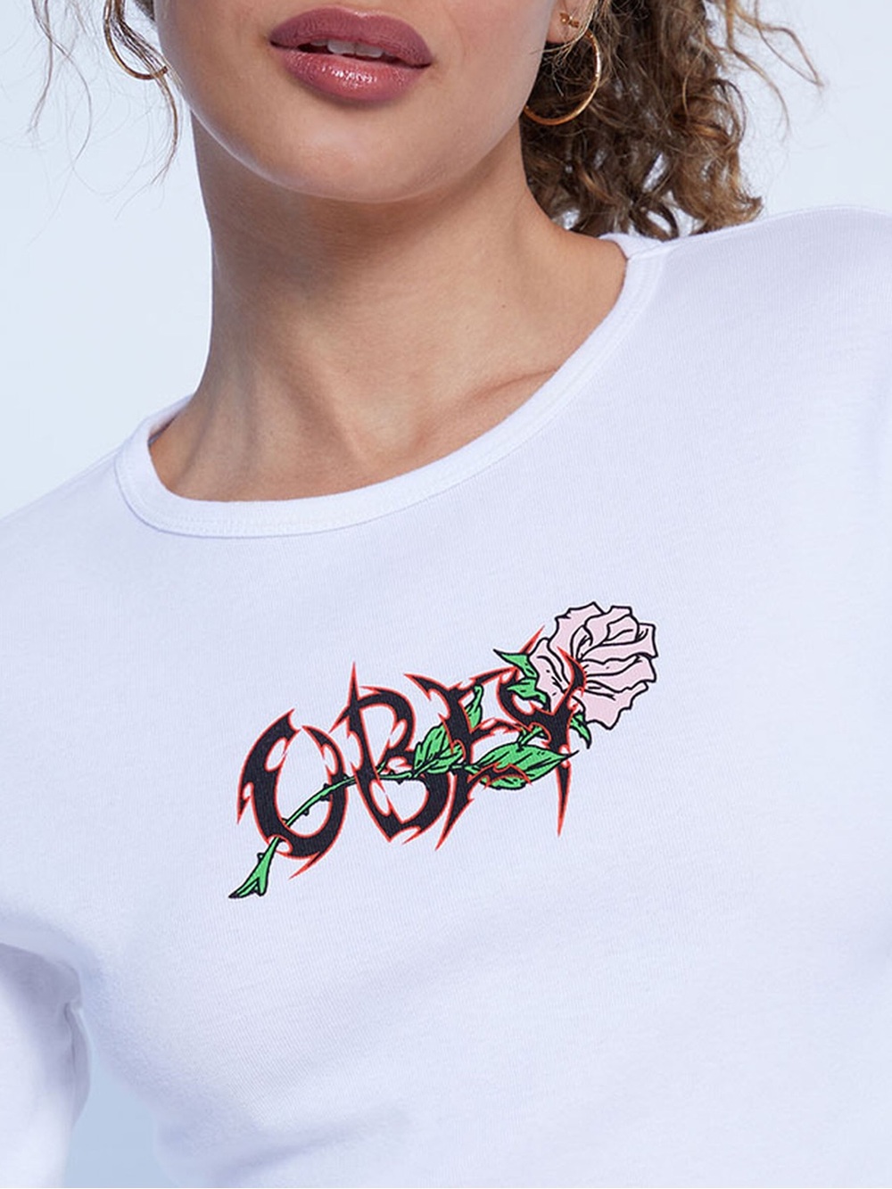 Obey Long Sleeve Baby Tee- White- Rose & Thorn Logo- NWOT- Size Small